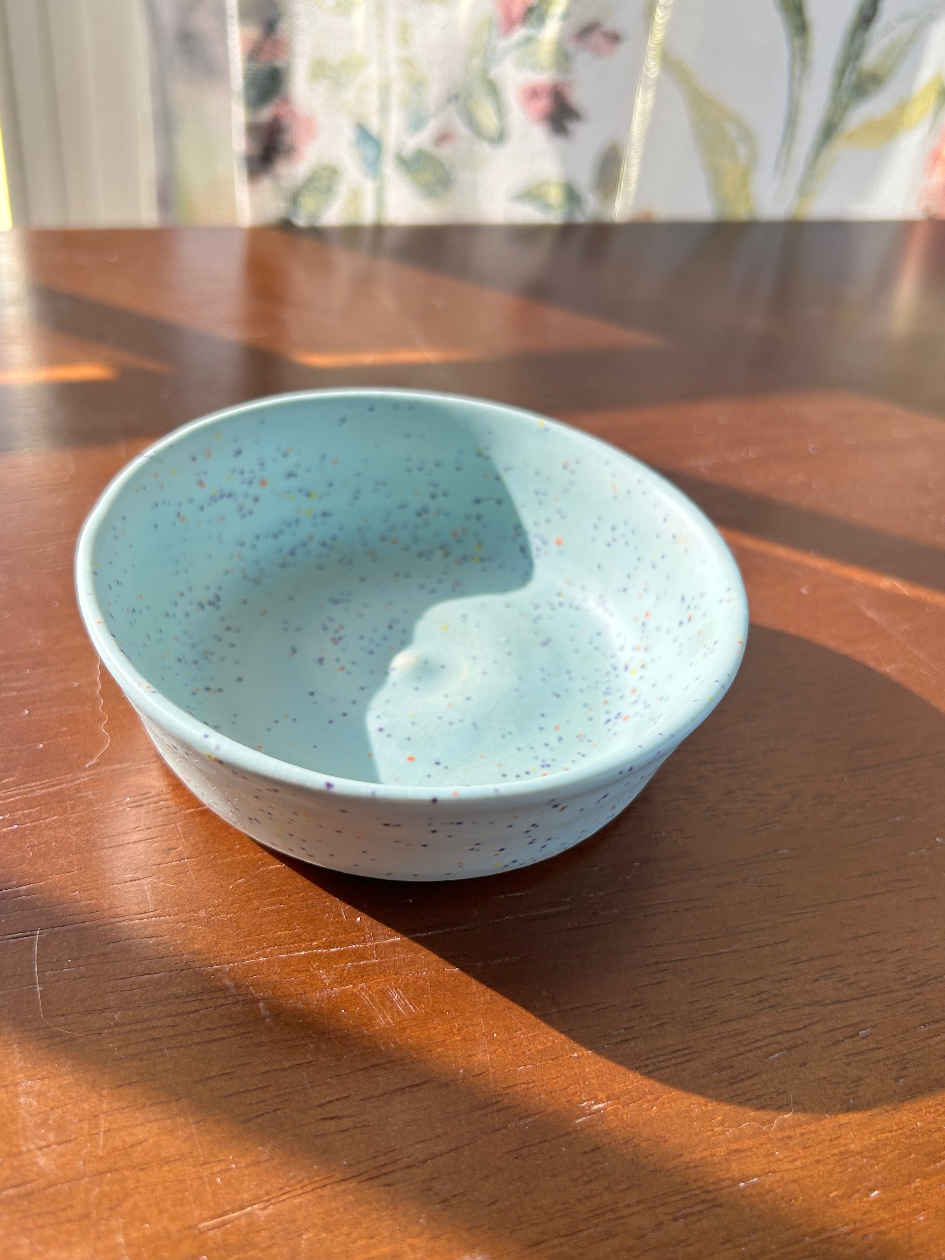 Blue speckled trinket dish